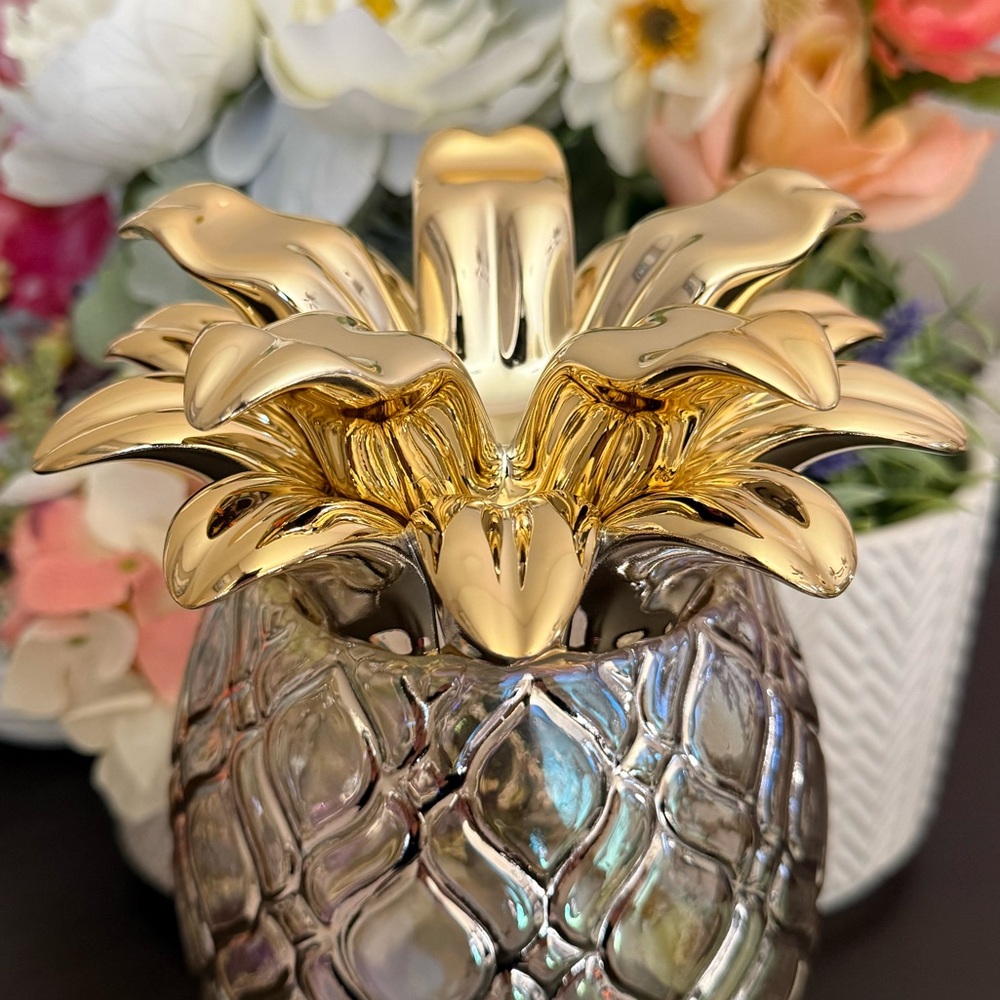 ππ BATH & BODY WORKS LIMITED EDITION GOLD GLASS PINEAPPLE 3-WICK CANDLE HOLDER - Picture 3 of 11
